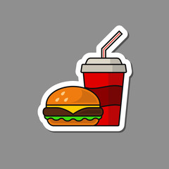 Burger and soda fast food paper sticker, vector badge.
