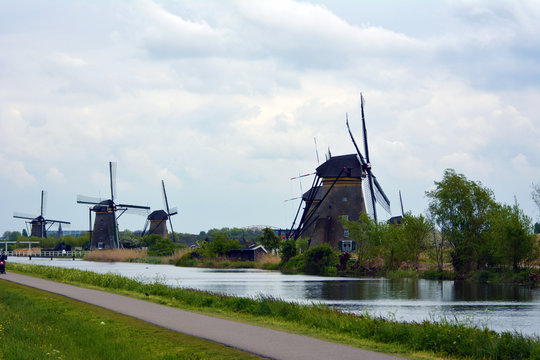 The old windmills in Netherlands on a cloudy day