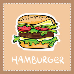 Cartoon hamburger in hand drawn style with text.