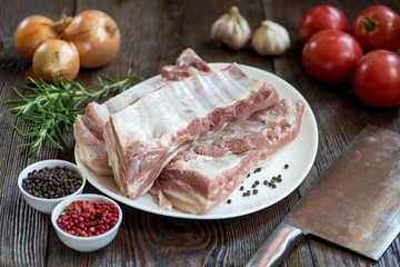 Close up Raw Pork Rib meat on white dish