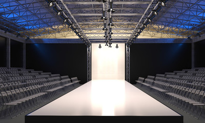 Interior of the auditorium with empty podium for fashion shows. Fashion runway before beginning of fashionable display. 3D visualization.