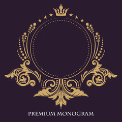 Gold graceful frame. Decorative floral pattern. Heraldic symbols. Monogram initials and exclusive calligraphic design elements. Vector business sign, identity for hotel, restaurant, heraldic, jewelry