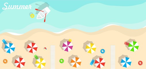 Aerial view of summer beach in flat design style. Umbrellas, boat, ball, towel and ssummertime, relaxation tourism