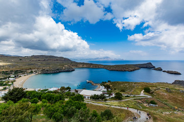Panoramic view of Lindos bay and Megali Paralia beach from Lindos castle, Rhodes island, Greece