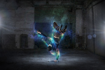B-boy performing some moves . Mixed media