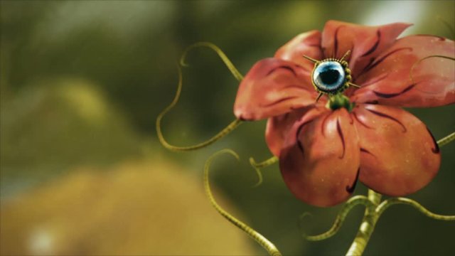 3D animation of a red alien flower with a blue eye looking around. A science fiction or fantasy creature.