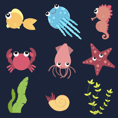 Flat design cute animals set. Underwater life: fish, jellyfish, seahorse, starfish, crab, squid, shells and seaweeds.