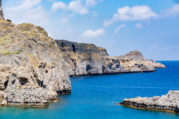 Entrance to St Paul's Bay near Lindos on a beautiful day, Rhodes island, Greece