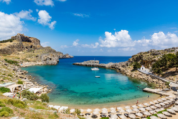 St Paul's Bay and Agios Pavlos beach near Lindos on a beautiful day, Rhodes island, Greece