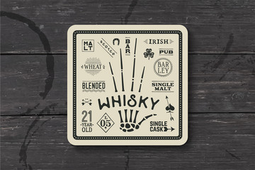 Coaster for whiskey and alcoholic beverages. Vintage drawing for bar, pub and whiskey themes. Black and white square for placing whiskey glass over it with lettering, drawings. Vector Illustration