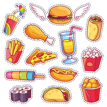 Cool cartoon set of fast food patch badges in pop art style. Vector collection of stickers and pins with meal.