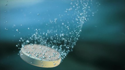 Pill, aspirin or other medicine dissolving. Photorealistic CG closeup.