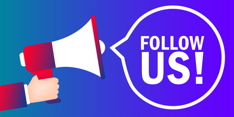 Follow us. Badge with megaphone icon modern style for hipsters