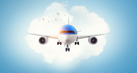 Airplane in day sky. Mixed media