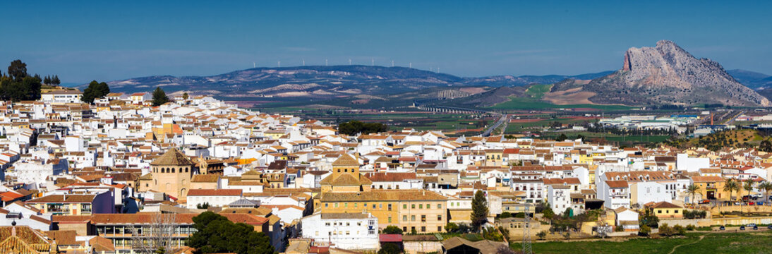 Panoramic view of Antequera and Lover's Mount in Southern Spain