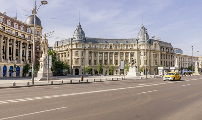 The beautiful University Square in the Lipscani district of Bucharest, Romania, on a sunny day