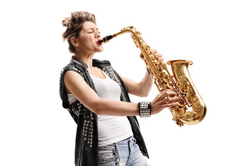 Female punker playing a saxophone