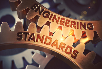 Engineering Standards on Mechanism of Golden Metallic Gears. Engineering Standards - Industrial Design. 3D Rendering.
