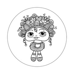 Cute and fun doodle doll vector illustration with hearts, curls, doodles and swirls on her head, a big smile and big eyes.