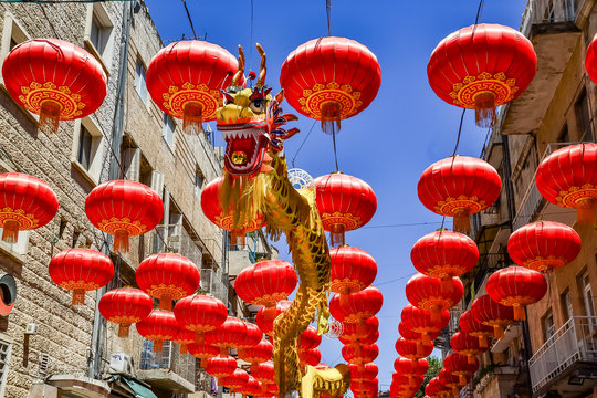 Jerusalem, Israel, October 03, 2016: Street Gerbert Samuel decorated with red Chinese lanterns and golden Chinese dragon in Jerusalem, Israel