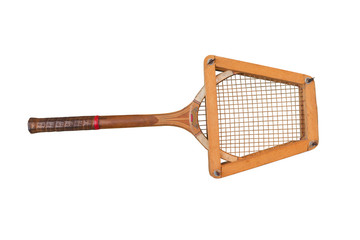 Antique wooden tennis racket vintage on white  background
