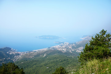 View of the Mediterranean Sea from the height of the mountain. The coast of Budva. Montenegro.