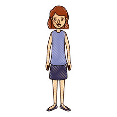 color crayon stripe cartoon full body woman with short hair in skirt vector illustration