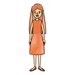 color crayon stripe cartoon full body woman with long hair and dressed vector illustration
