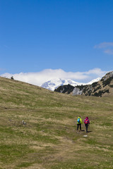 Hikers walking on hike in mountain nature landscape in Slovenian Alps. Hiking – sporty hiker woman on trek with backpack living healthy active lifestyle