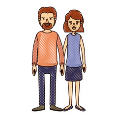 color crayon stripe cartoon full body couple woman with wavy short hair in skirt and man in casual clothing vector illustration