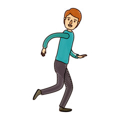 color crayon stripe cartoon full body guy with hairstyle running vector illustration