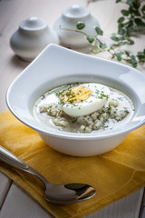 Sorrel soup with egg in white bowl.