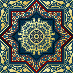 Vector Ornamental arabic golden elements pattern. Bokeh lights festive background. Greeting card, invitation for muslims month Ramadan Kareem. Vector illustration.