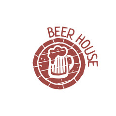 Vector logo design template for beer house, pub or brewing company isolated on white background. Illustration of beer glass with foam in grunge style. EPS10. Creative beer icon.