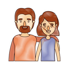 color crayon stripe cartoon half body couple woman with short hair and bearded man vector illustration