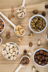 Nuts in a plate on a  wooden table