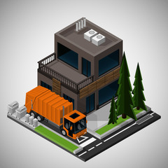 Vector isometric illustration of an element of urban infrastructure. Garbage truck transports the trash. Equipment for maintenance of urban infrastructure.