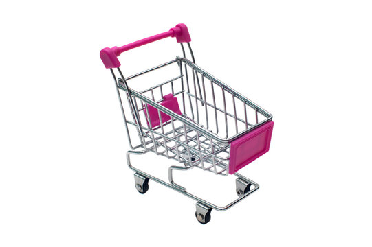 miniature pink trolley supermarket isolated on white background
