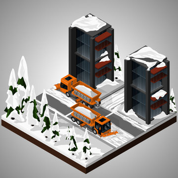 Vector isometric illustration of an element of urban infrastructure. Snowplow machines clean the roadway.  Front and rear view. Equipment for maintenance of urban infrastructure.
