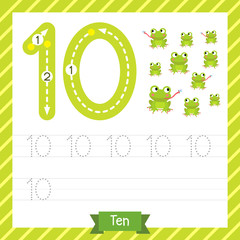 Number ten tracing practice worksheet with 10 frogs for kids learning to count and to write. Vector Illustration.