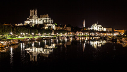 Historic town of Auxerre with Yonne river at night, Burgundy, France
