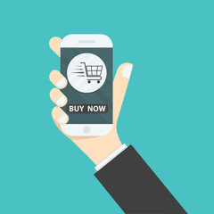 Businessman hand and online shopping website on smart phone.Online shopping application on smart phone.Advertising campaign symbol.Online shopping and e-commerce icon concept