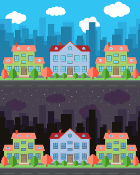 Vector city with cartoon houses and buildings in the day and night.Summer urban landscape. Street view with cityscape on a background
