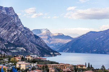 Lake Garda with mountains in background and blue water