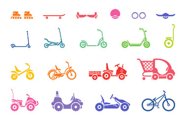 Set of various types children’s vehicles and means of transportation on wheels. Vector illustration of Bicycle, tricycles, skate and other children’s vehicles. 