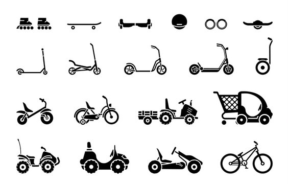 Set of various types children’s vehicles and means of transportation on wheels. Vector illustration of Bicycle, tricycles, skate and other children’s vehicles. 