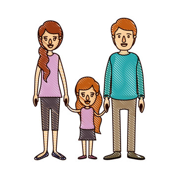 color crayon stripe cartoon family with young father and mom with side ponytail hair with little girl taken hands vector illustration