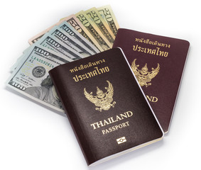 Dollar banknote and Thailand passport on isolated white background