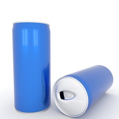 two blank aluminum blue cans on isolated white in 3D rendering