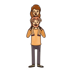 color crayon stripe cartoon bearded father with moustache and girl on his back vector illustration